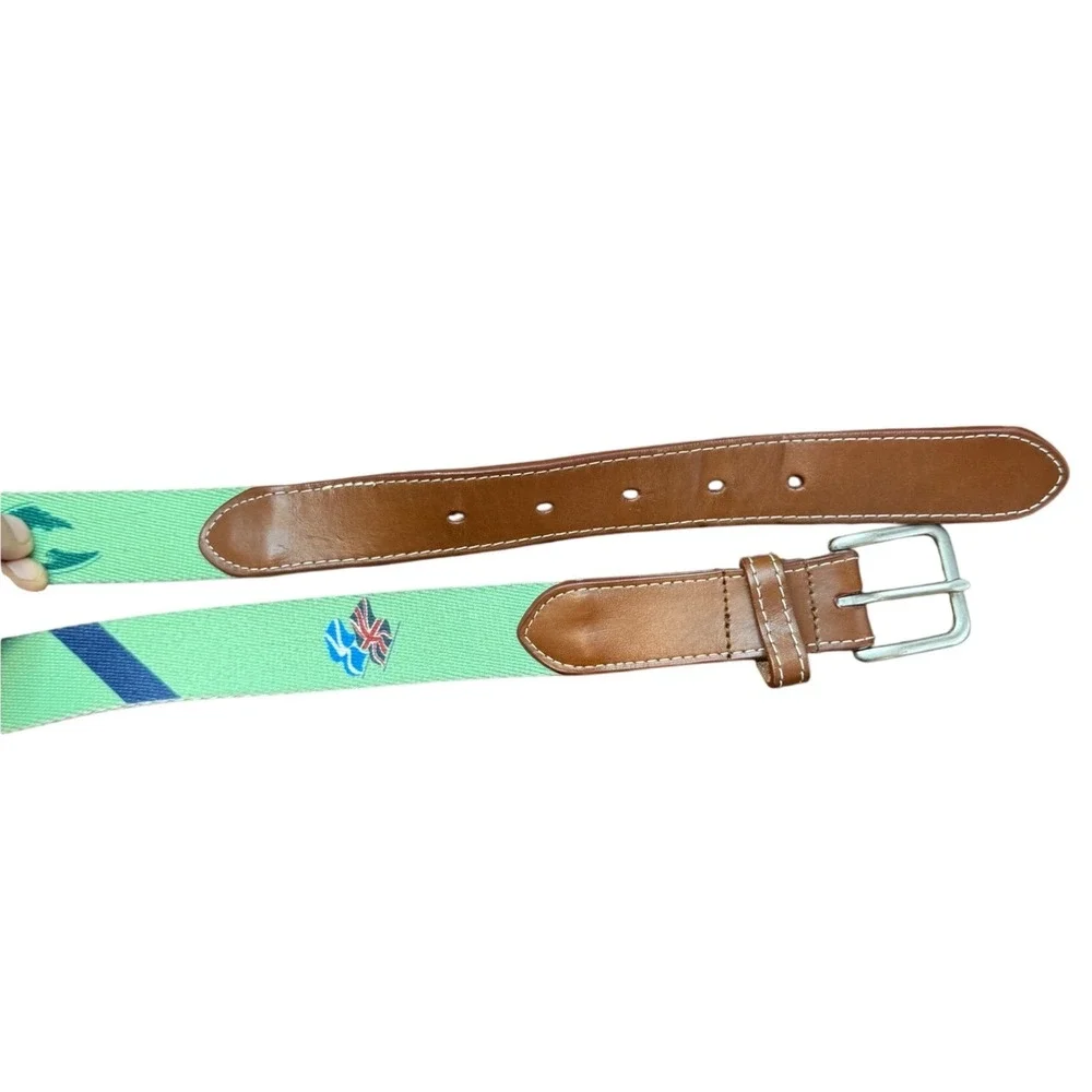 Peter Millar Sea Island Ocean Forest Needlepoint Leather Belt Mint Green Size 40